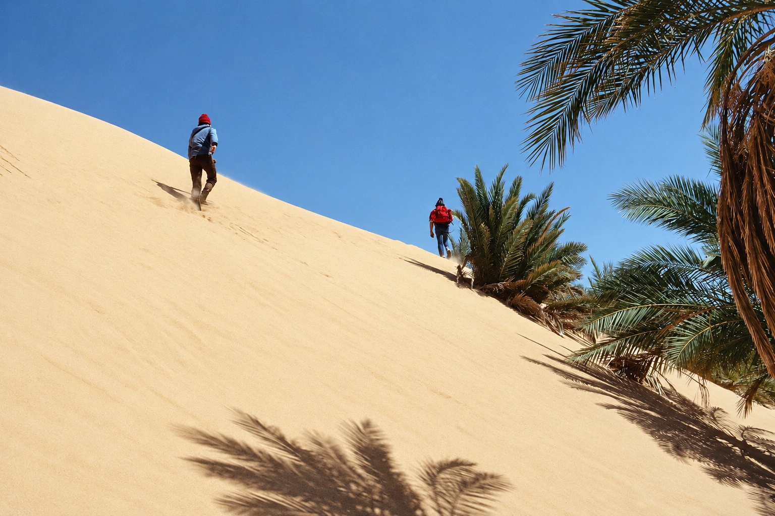 Deux marcheurs sur la dune d’In Salah, au bord des palmiers.