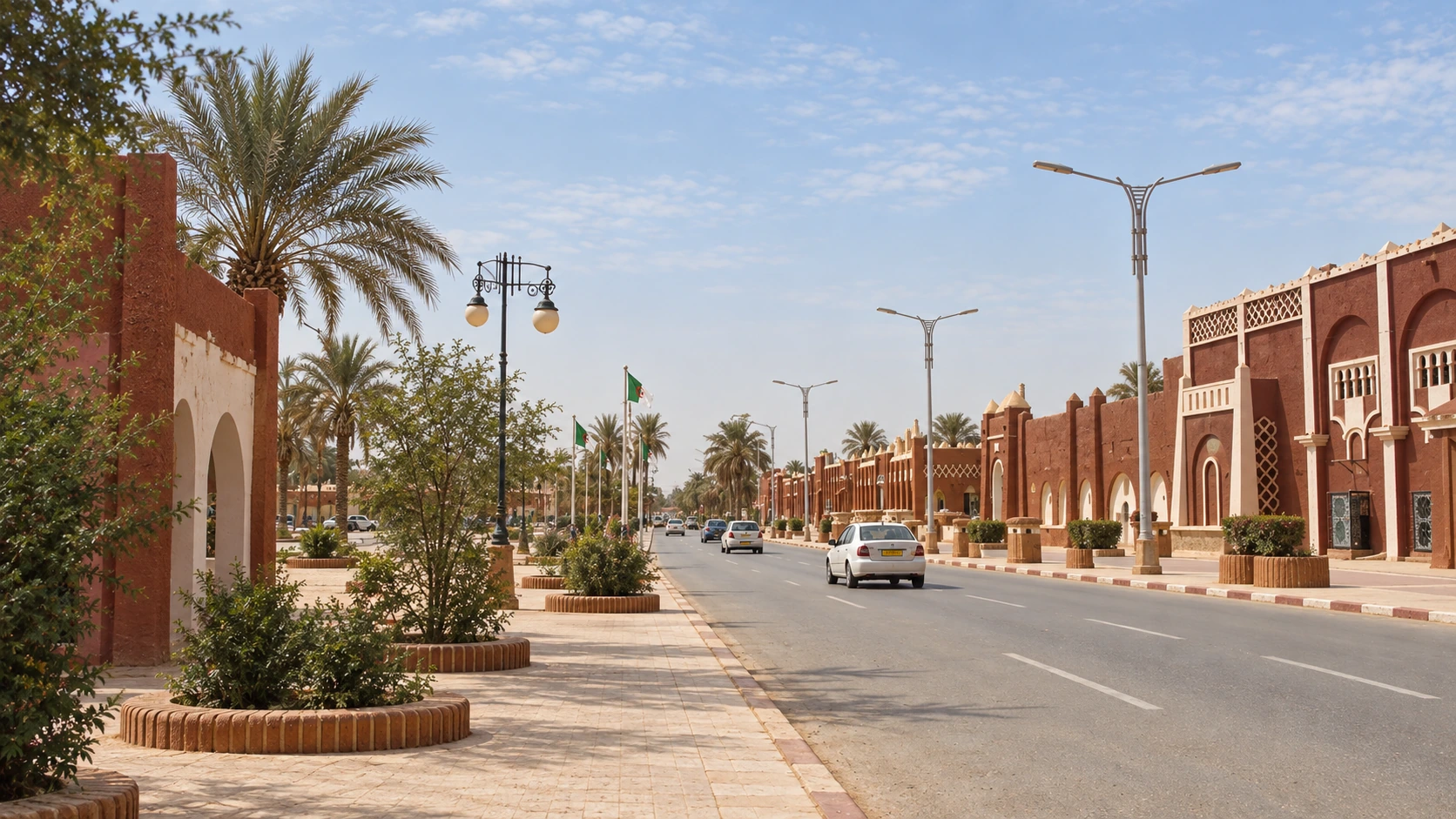 Un boulevard d’Adrar bordé de façades ocre et de palmiers.