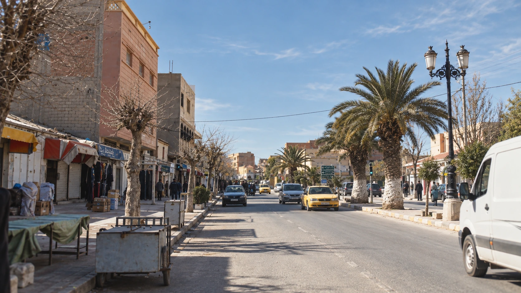 Une rue de Djelfa bordée de commerces et de palmiers.