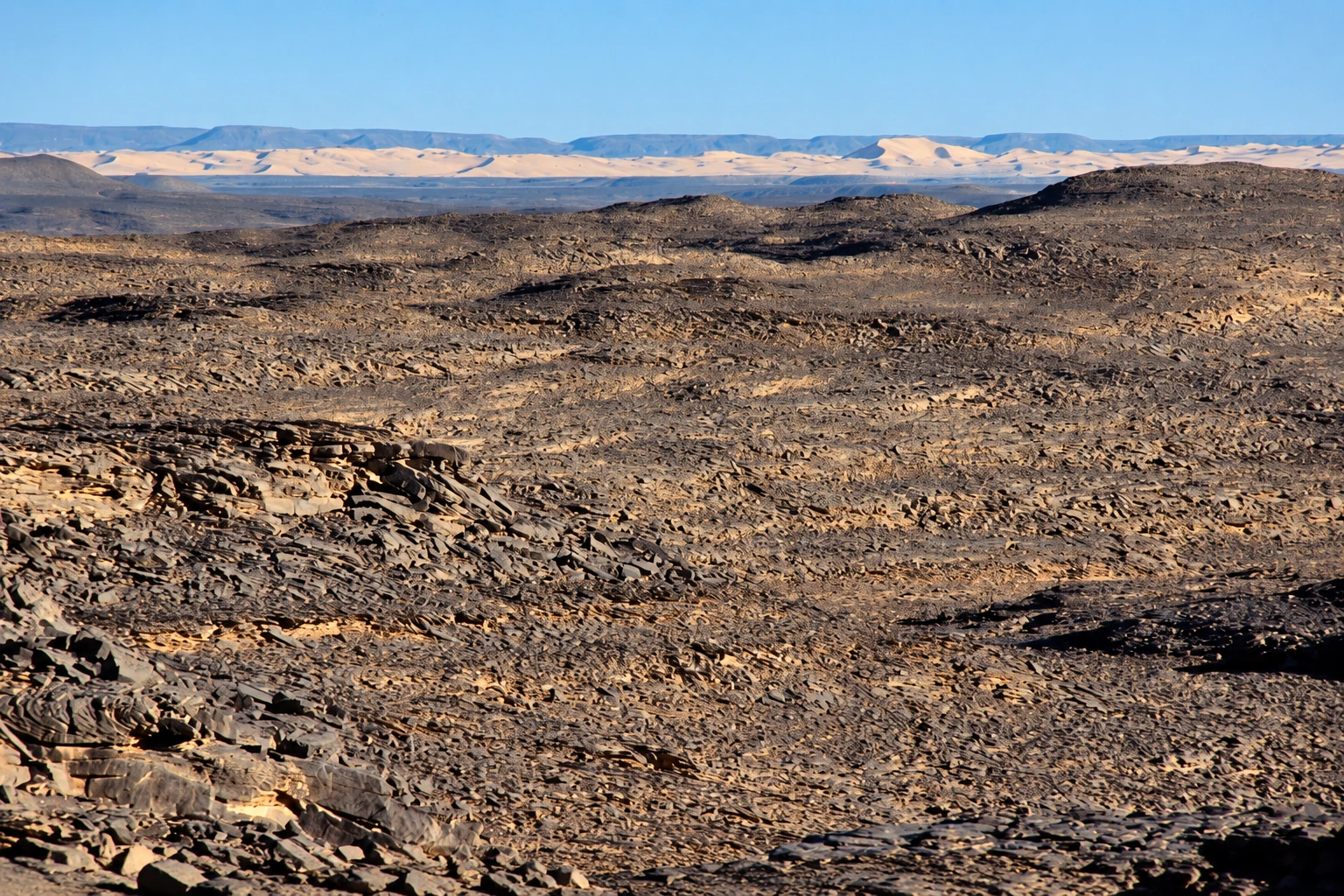 Le plateau rocheux du Fadnoun, avec les dunes au loin, vers Illizi.