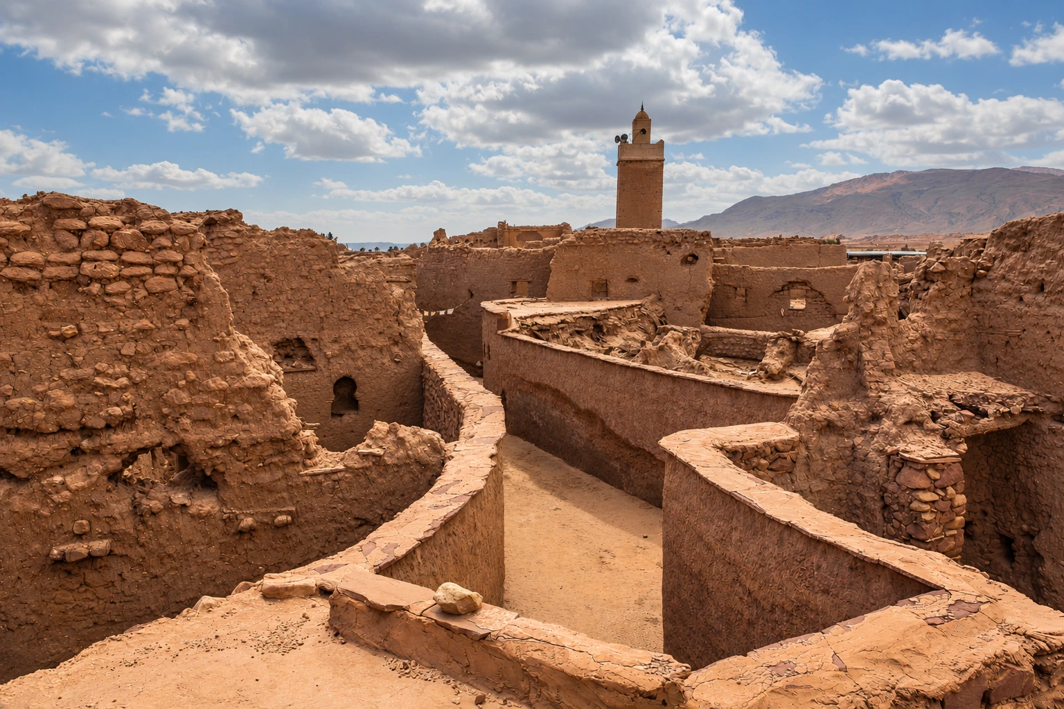 Les murs de terre et le minaret du vieux ksar de Boussemghoun.