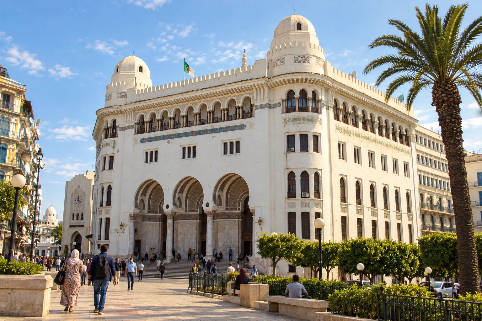 La façade blanche et les arcades de la Grande Poste à Alger.