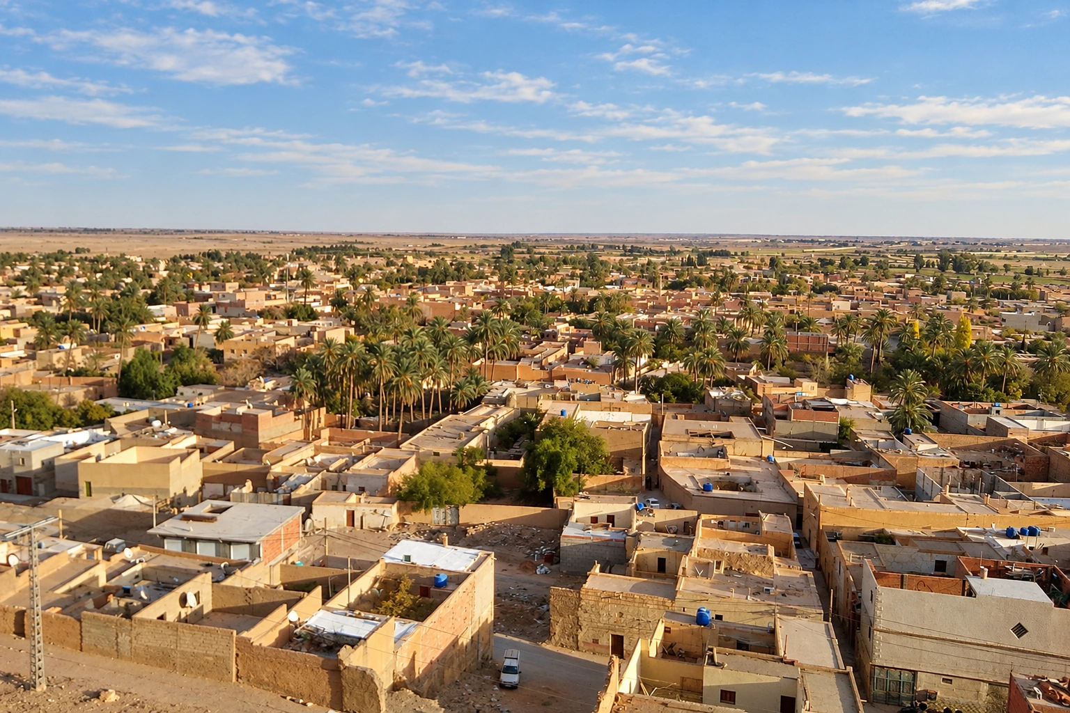 Les toits ocre de Laghouat mêlés aux palmiers, vus depuis les hauteurs.