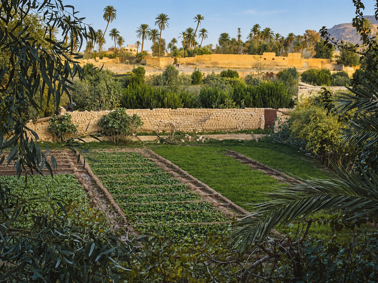 Le potager, les murs de pierre et les palmiers de l’oued Bou Saâda.