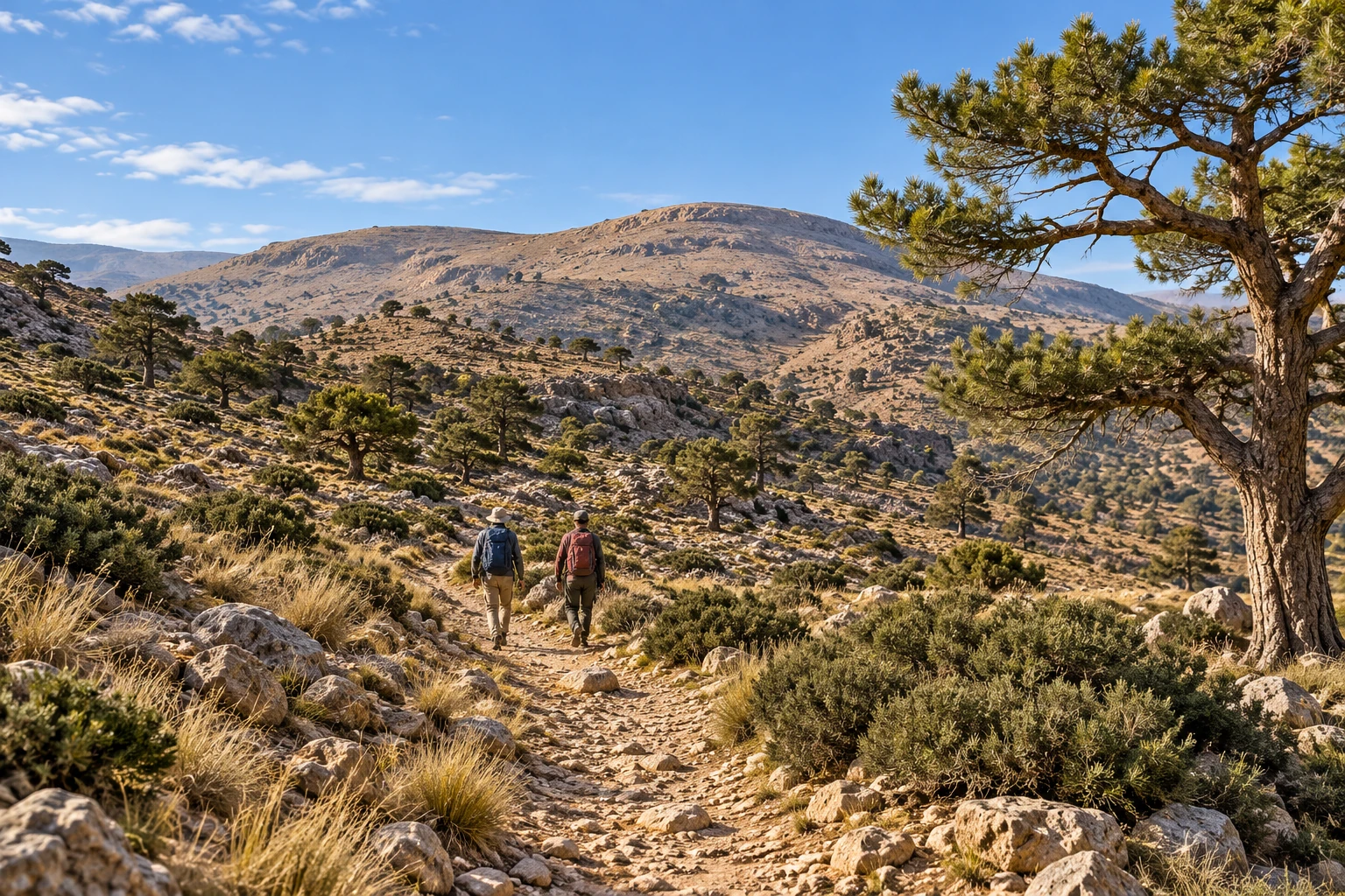 Illustration d’une randonnée entre pins épars, sol pierreux et crêtes arrondies du Djebel Aïssa.