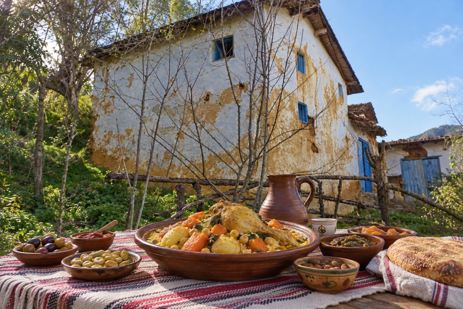 Plat de couscous et table de repas évoquant Yennayer en Kabylie.