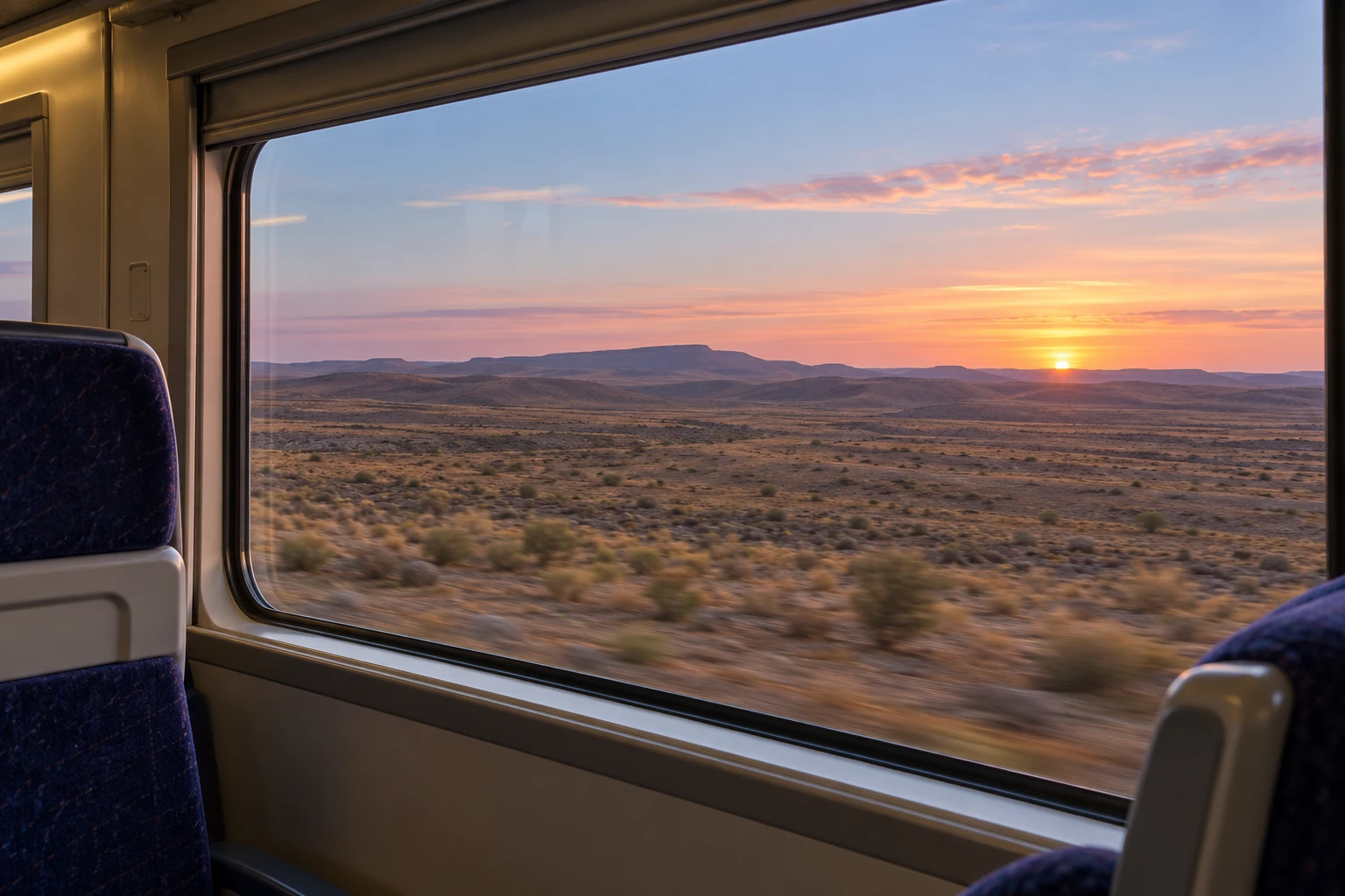 Illustration des Hauts Plateaux à l’aube, vus depuis une fenêtre du train Oran–Béchar.