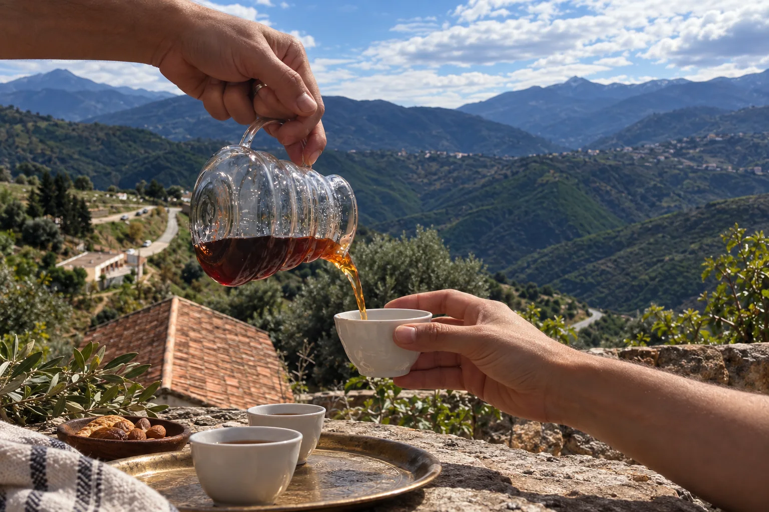 Thé partagé devant le paysage de Boumeraou en Kabylie ; aucune nuitée chez l'habitant n'est représentée.