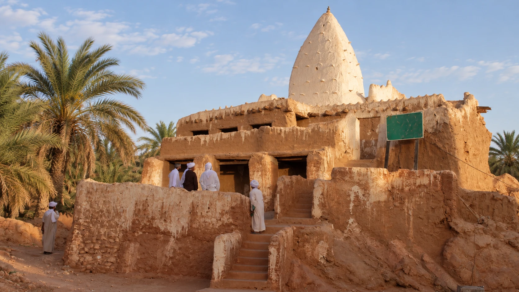 Illustration assistée par IA : Édifice en terre du ksar de Tamentit, tour blanche conique, escalier et palmiers avec quelques visiteurs près de l’entrée.