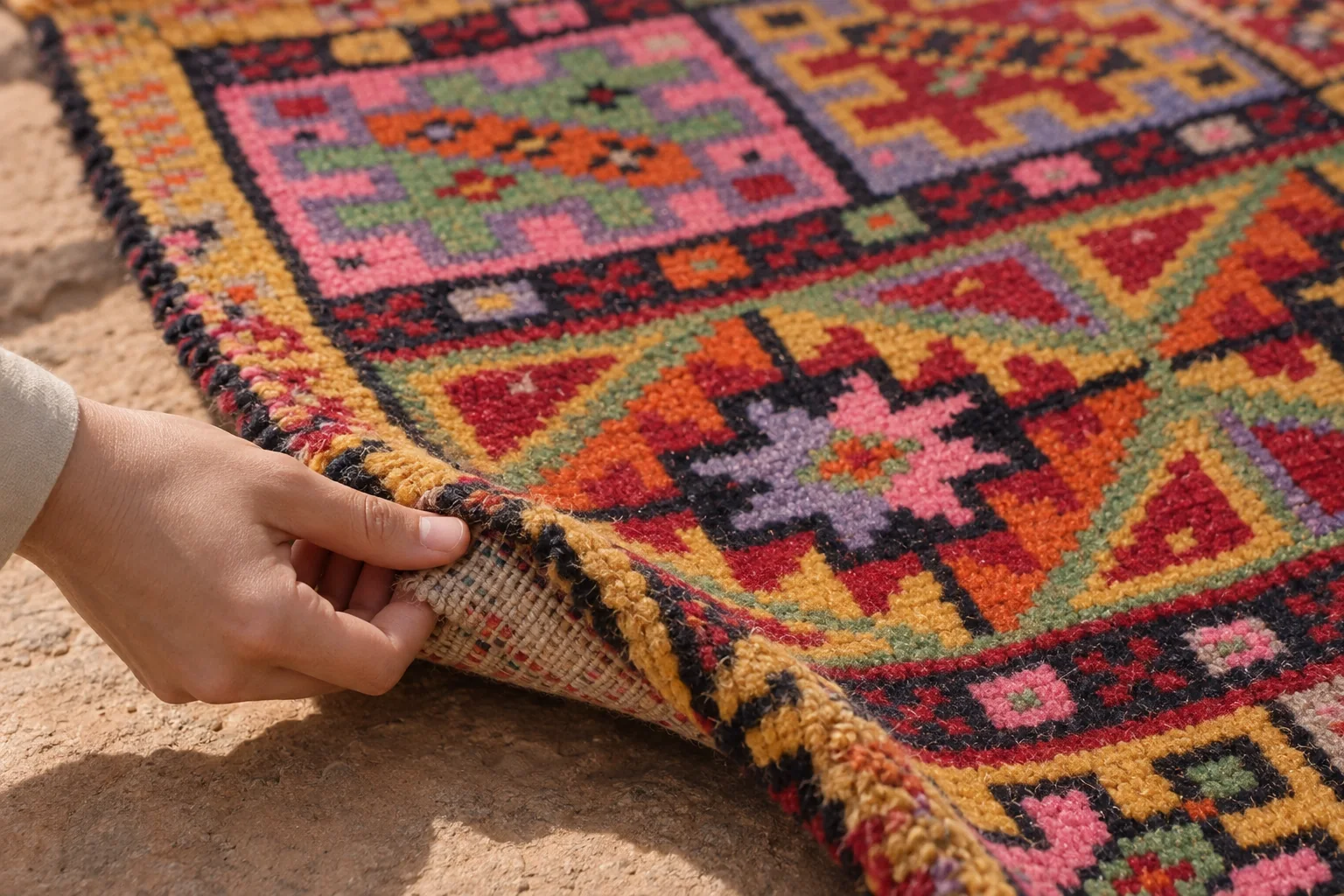 Une main examinant les fils et la lisière d’un tapis ancien du M’zab.
