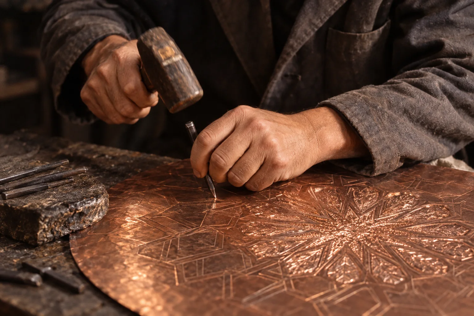 Geste de dinanderie à Tlemcen : des mains ciselant une plaque de cuivre sur un établi.