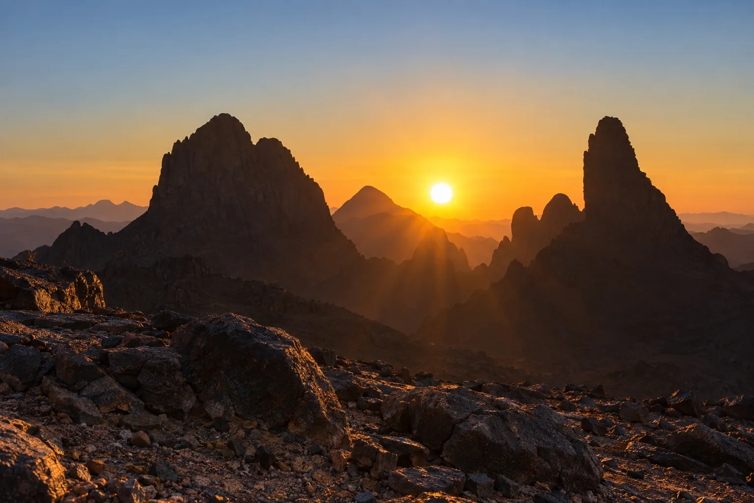Un lever de soleil sur les pitons de l'Assekrem.