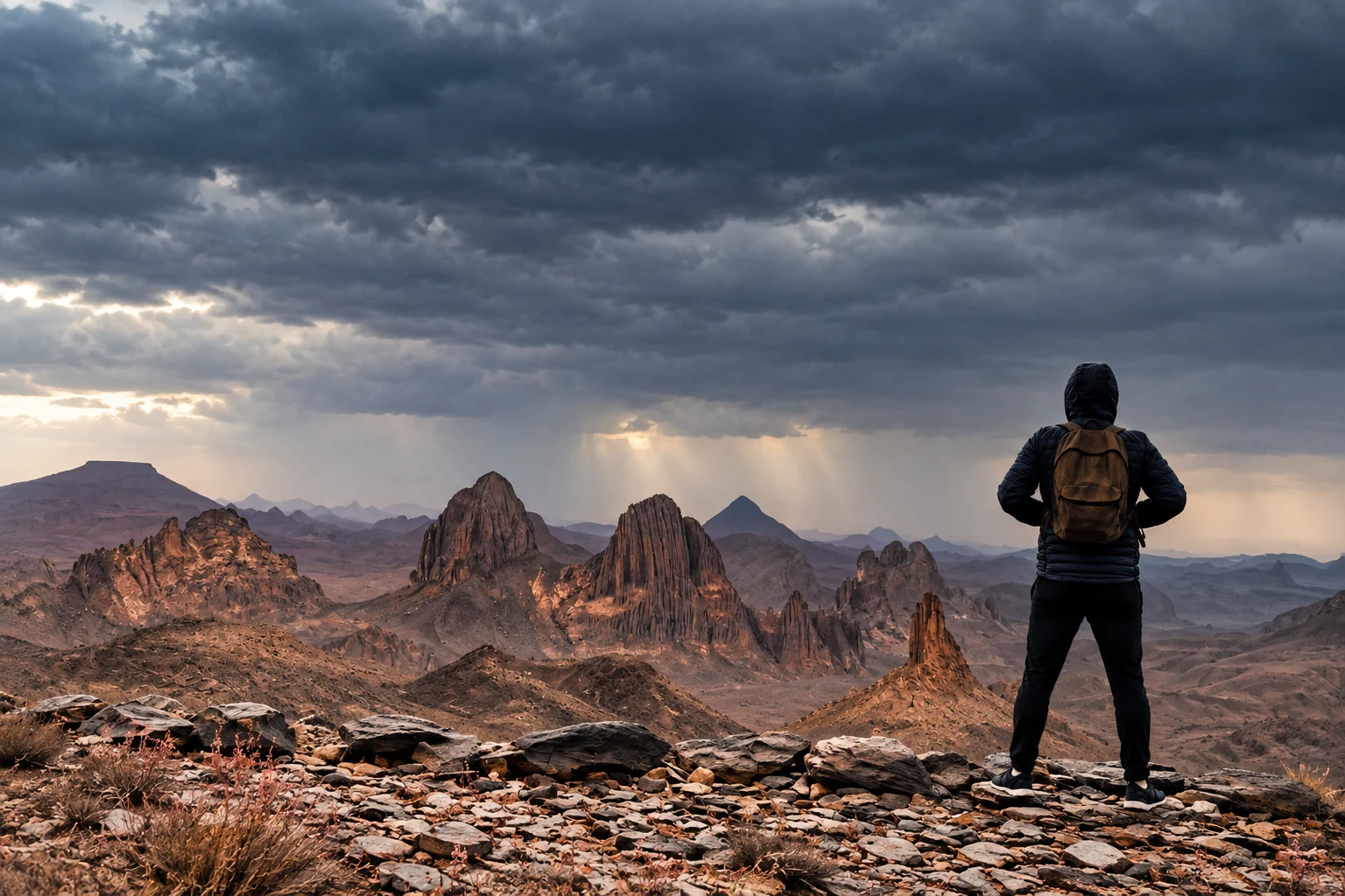 Un voyageur de dos contemplant les aiguilles rocheuses de l’Assekrem sous un ciel d’orage.