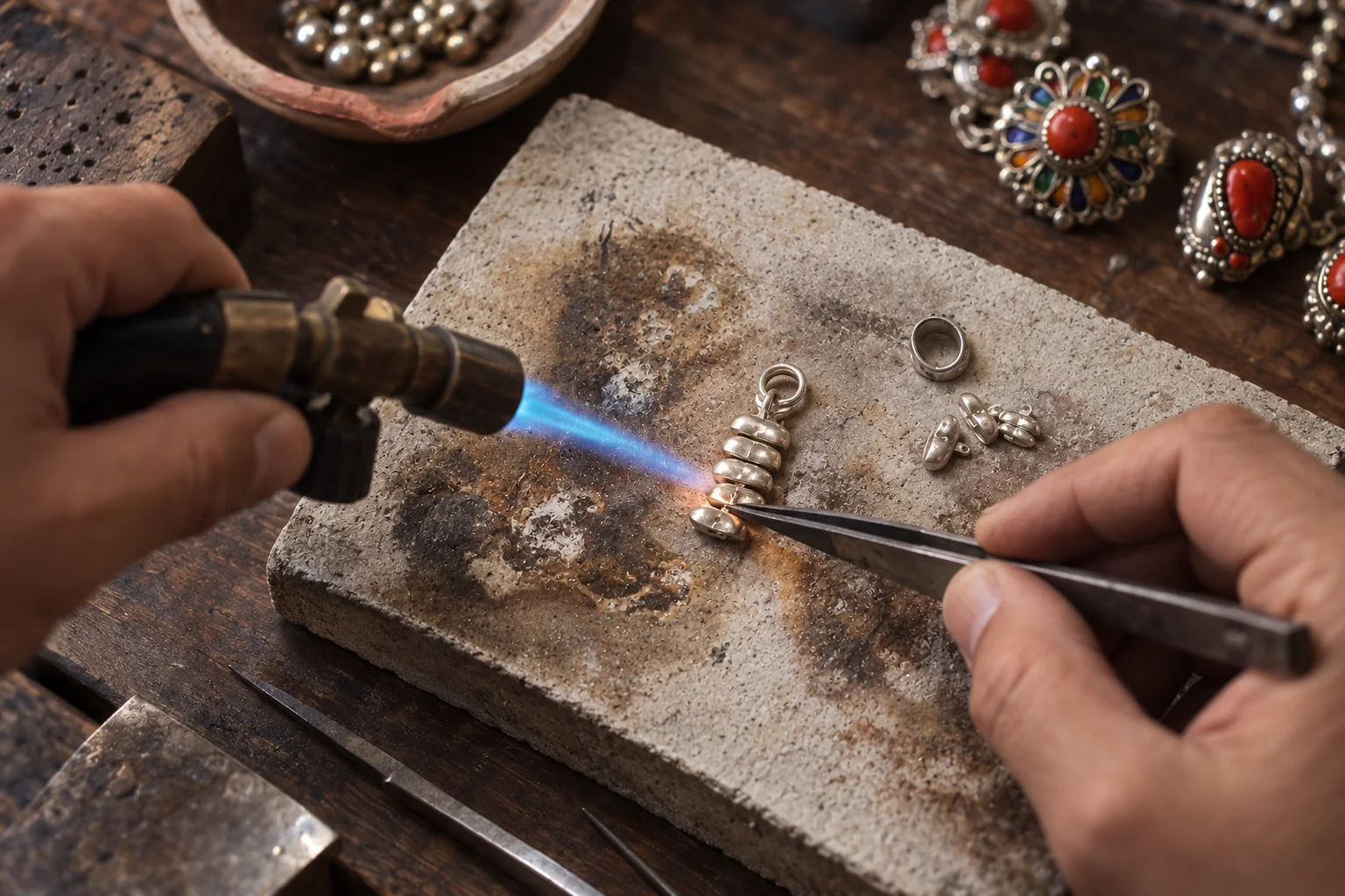 Geste de bijouterie à l'établi, avec des bijoux locaux d'Ath Yenni.