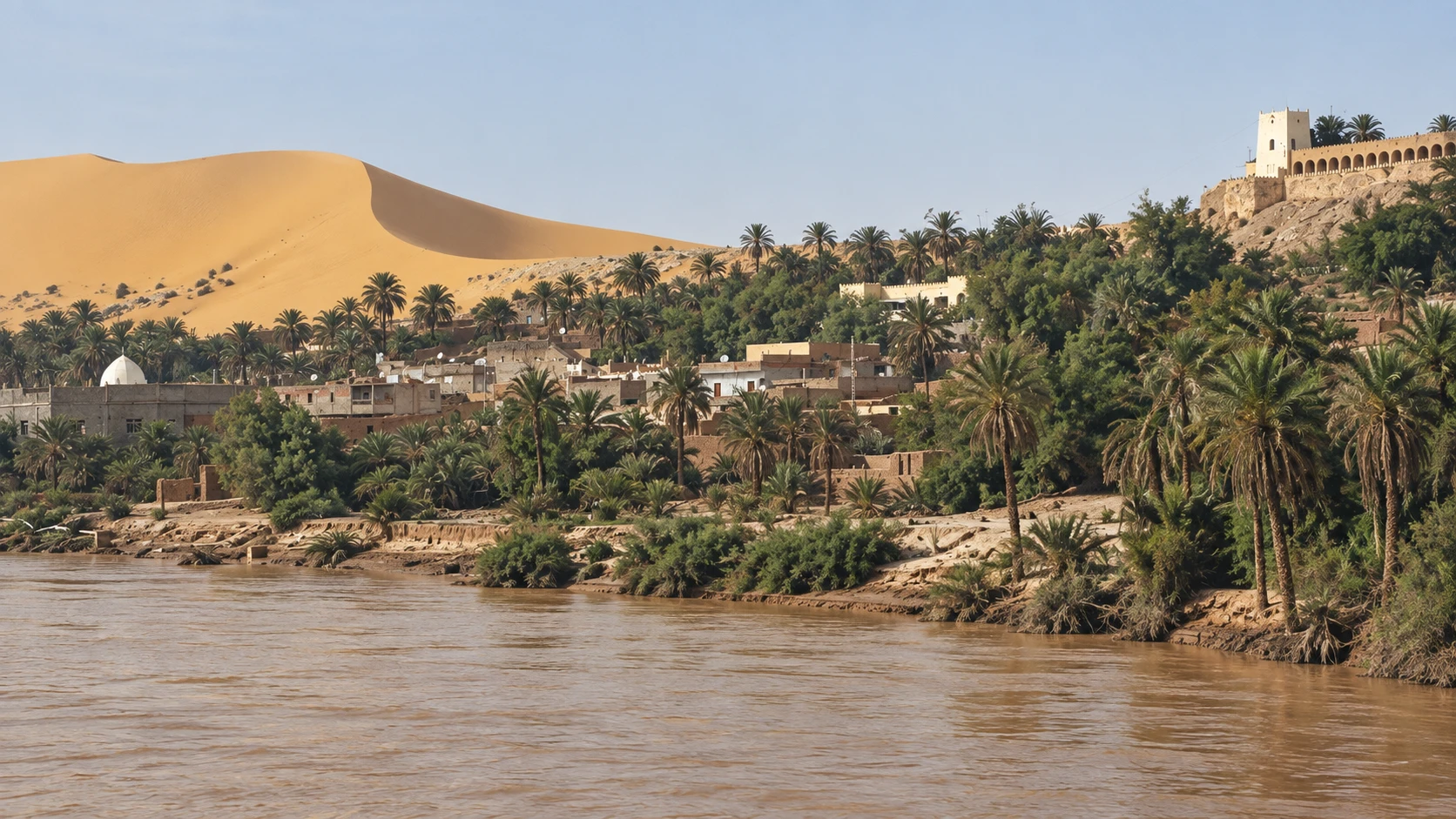 Illustration assistée par IA : La palmeraie et les maisons de Béni Abbès au bord de l’oued Saoura en eau, avec la grande dune en arrière-plan