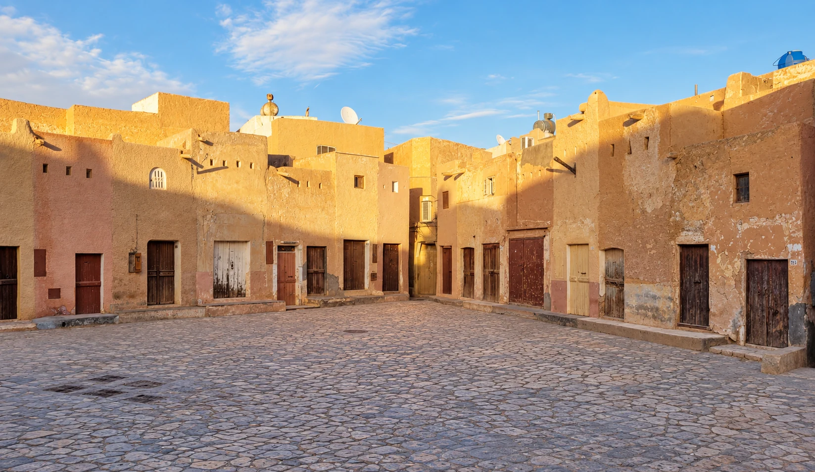 La place Lalla Achou vide entre deux marchés, avec ses façades en terre et son sol pavé à Béni Isguen.