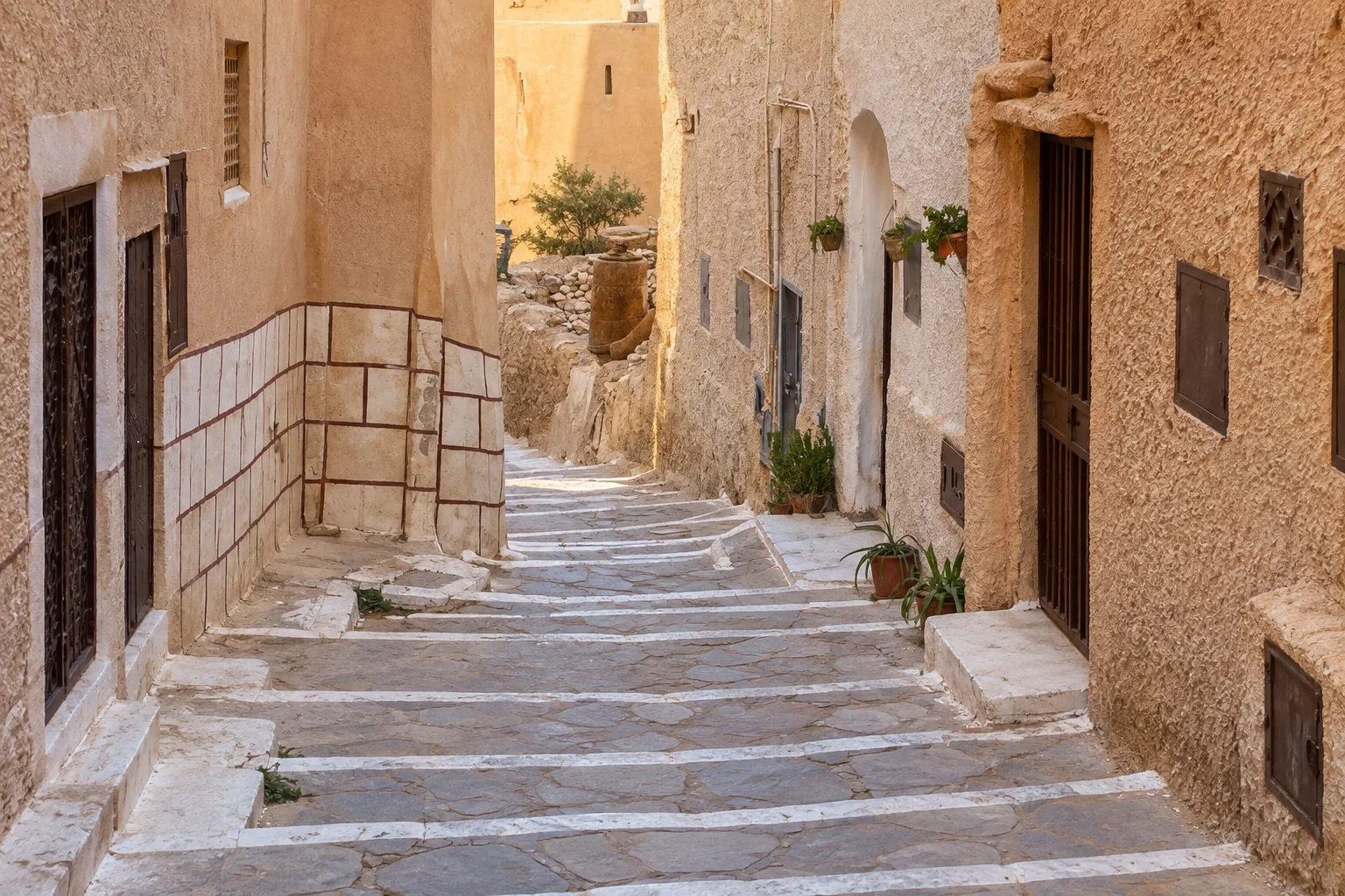 Illustration assistée par IA : Ruelle en pente du ksar de Beni Isguen, pavage clair et façades de terre aux portes étroites.