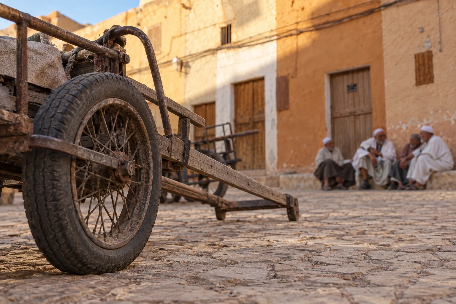 Vue d’un chariot et d’habitants au repos après la criée sur la place Lalla Achou de Béni Isguen.