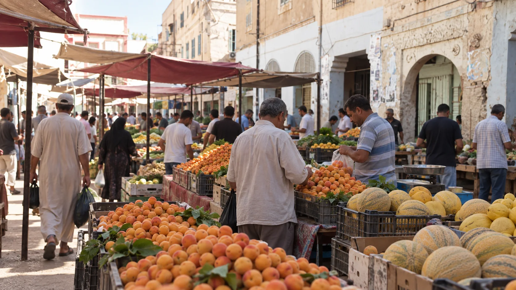Étals de fruits et visiteurs au marché de Biskra, sous les bâches et devant les arcades.