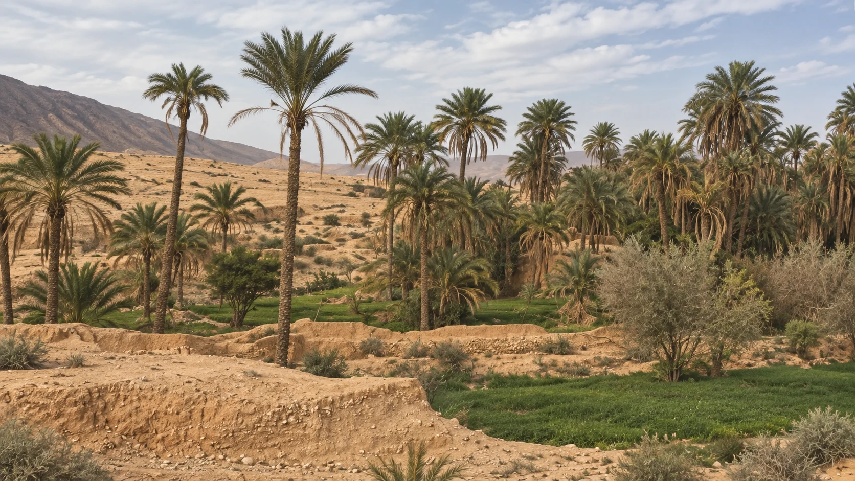 Palmiers dattiers, parcelles cultivées et terrasses de terre dans une palmeraie des environs de Biskra, au pied de reliefs arides