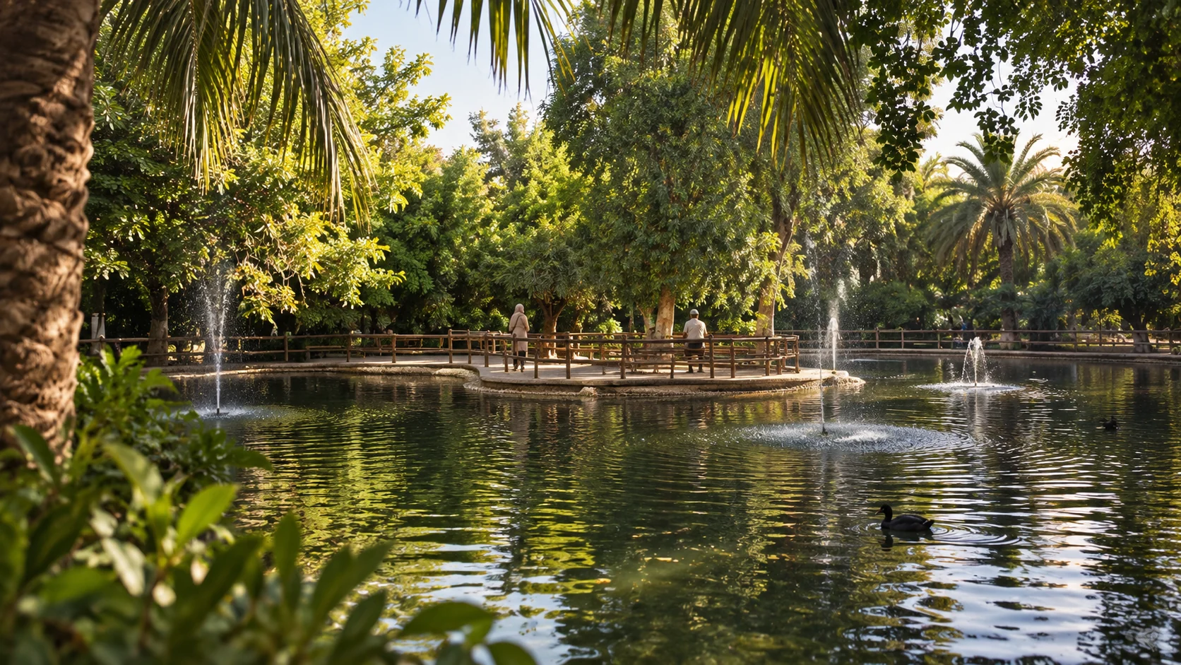 Bassin et fontaines sous les palmiers d'un parc de Biskra.