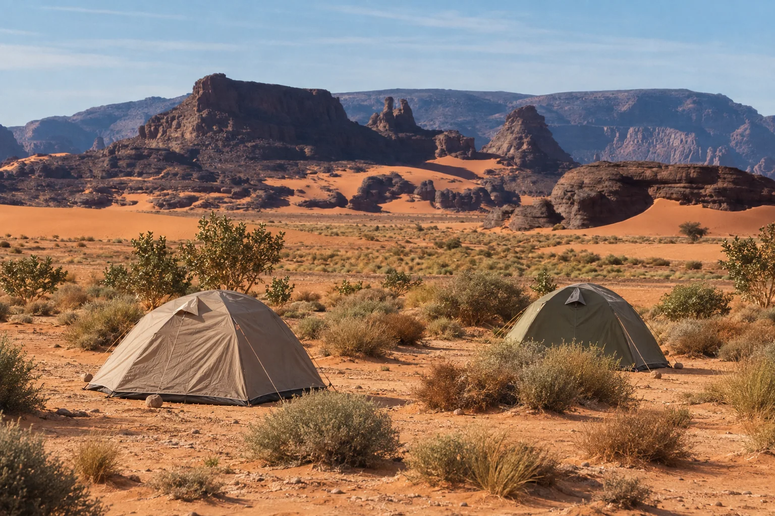 Bivouac de désert dans un paysage de Tin Merzouga, avec tentes.