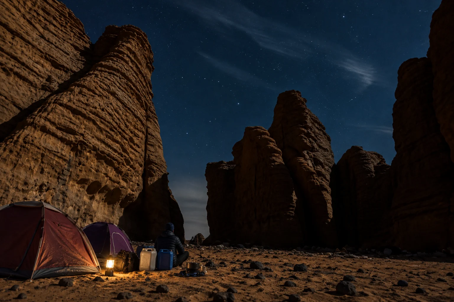 Illustration assistée par IA : Vue d'un bivouac sous le ciel nocturne au pied des rochers de Tamghit, dans le Tassili n'Ajjer.