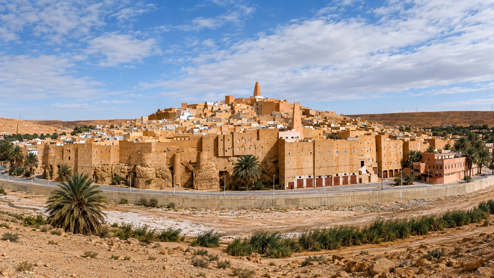 Illustration assistée par IA : Le ksar ocre de Bounoura et son minaret dominant les maisons étagées au-dessus de l’oued