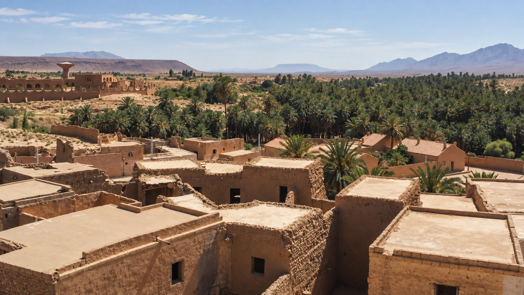 Illustration assistée par IA : Maisons en terre à toits plats devant la palmeraie et les montagnes de Boussemghoun