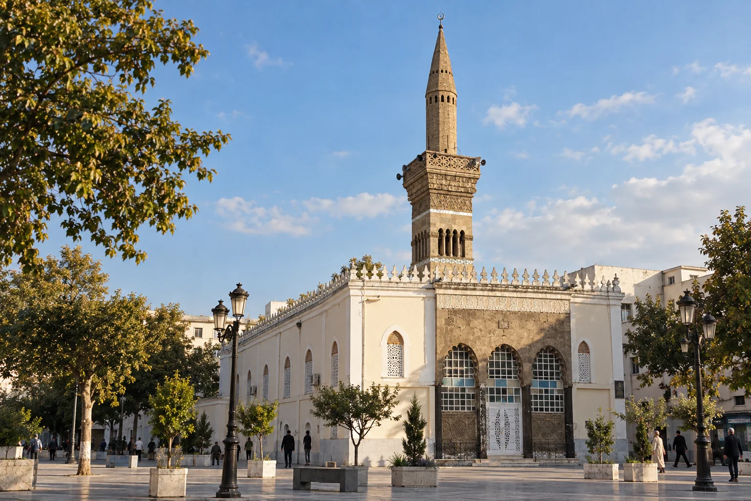 Illustration assistée par IA : Vue de la mosquée El Atik et de son minaret, au centre de Sétif.