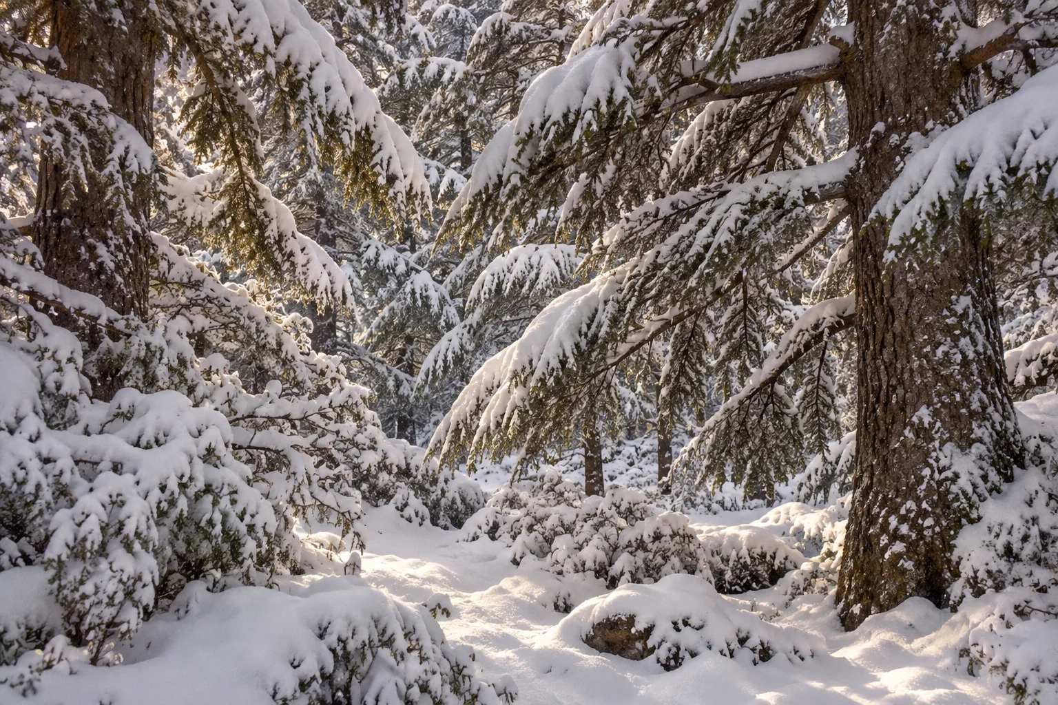 Dans la cédraie de Chréa en hiver, des troncs bruns et des branches chargées de neige éclairées par une lumière douce.