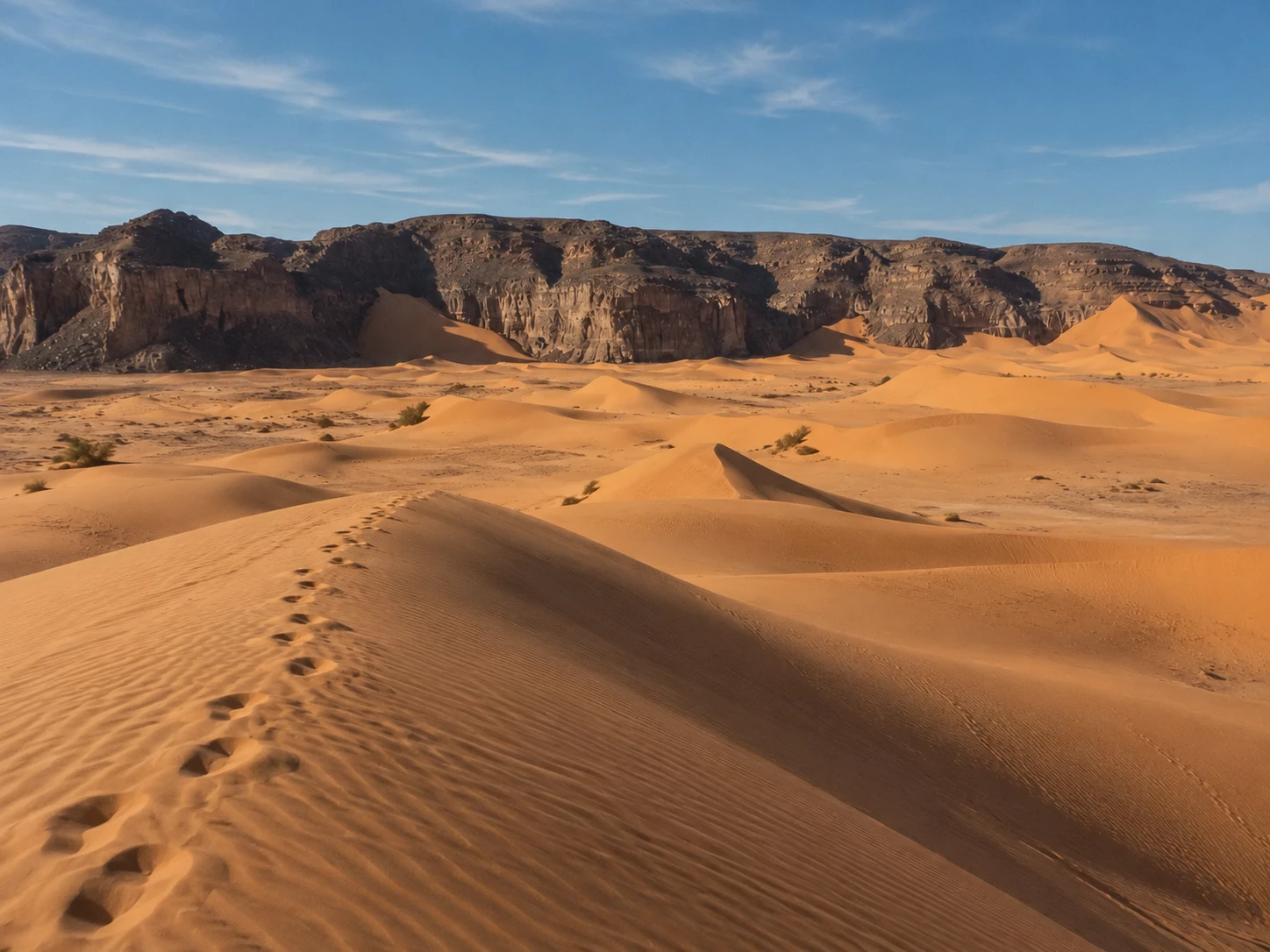 Illustration assistée par IA : Vue des dunes et falaises de grès de Moul N’Aga, dans la Tadrart.