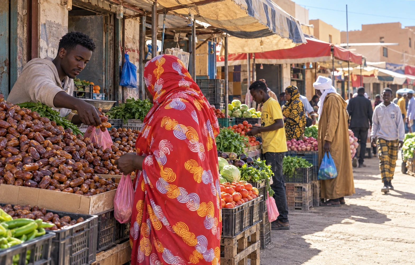 Illustration assistée par IA : Vue d’un étal de dattes et de légumes au marché de Tamanrasset.