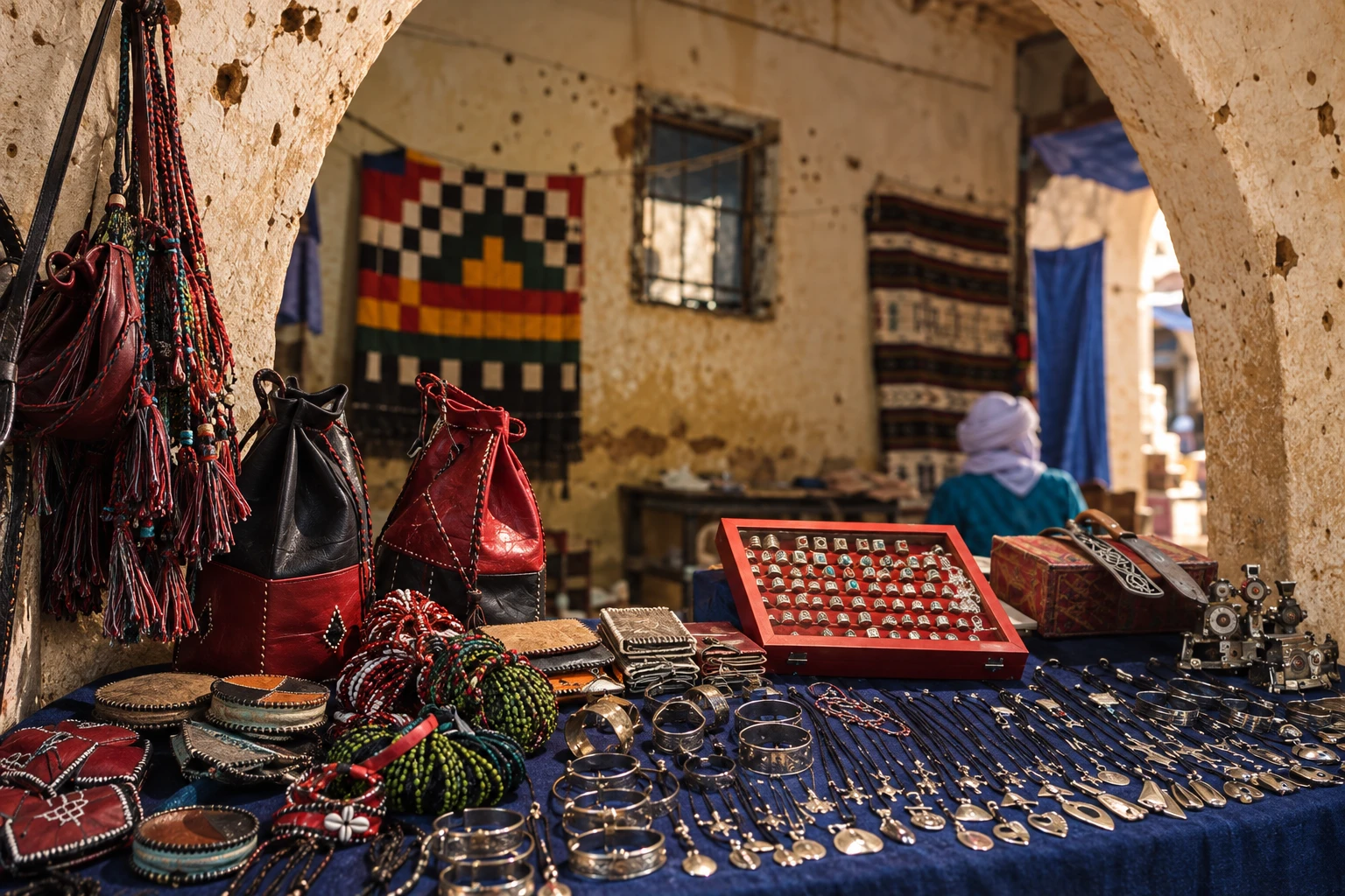 Illustration assistée par IA : Vue d’un étal de bijoux et de maroquinerie au marché de Tamanrasset.