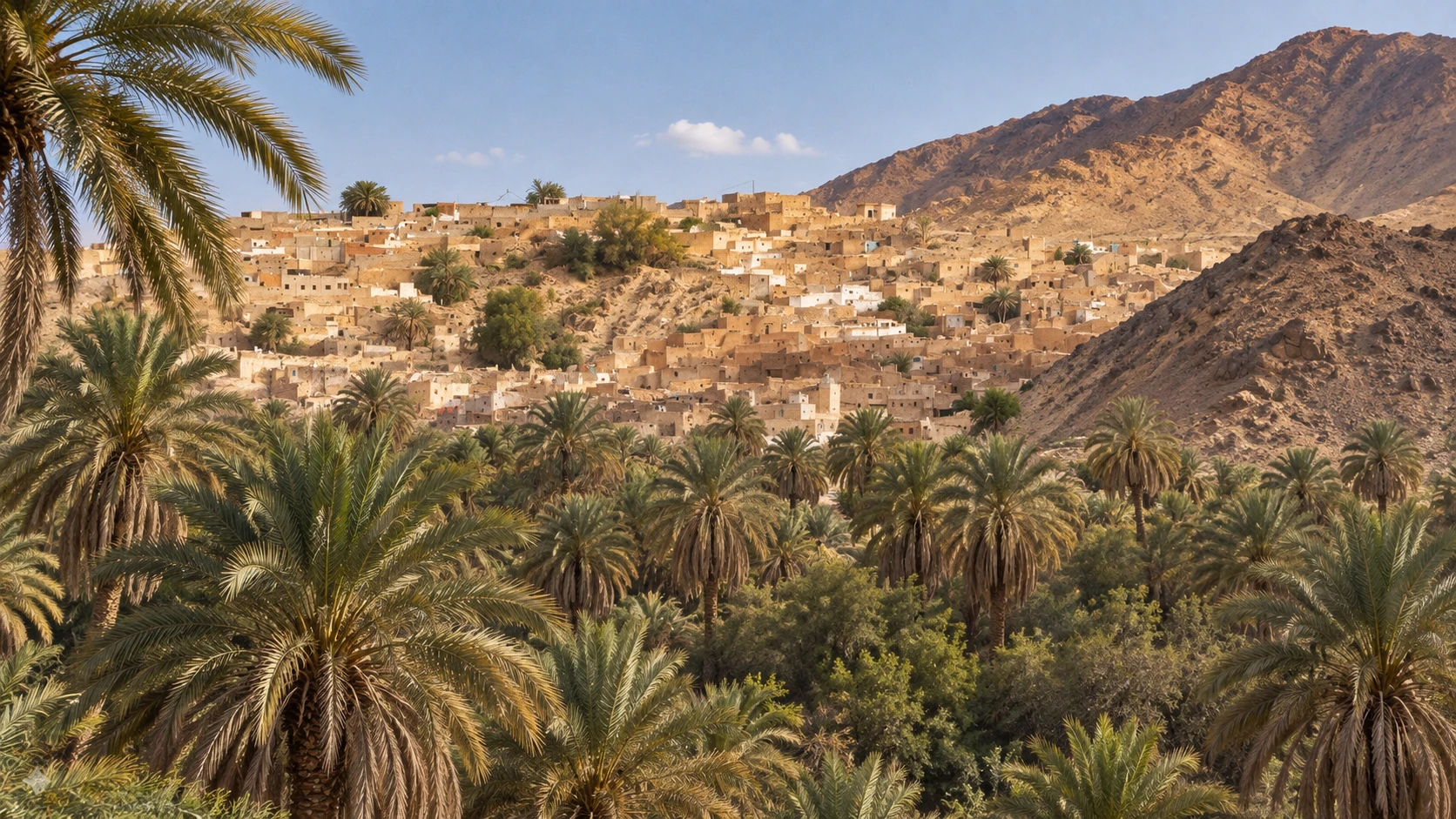 Illustration assistée par IA : Vue du ksar El Mihan et de la palmeraie de Djanet, vus depuis Adjahil.