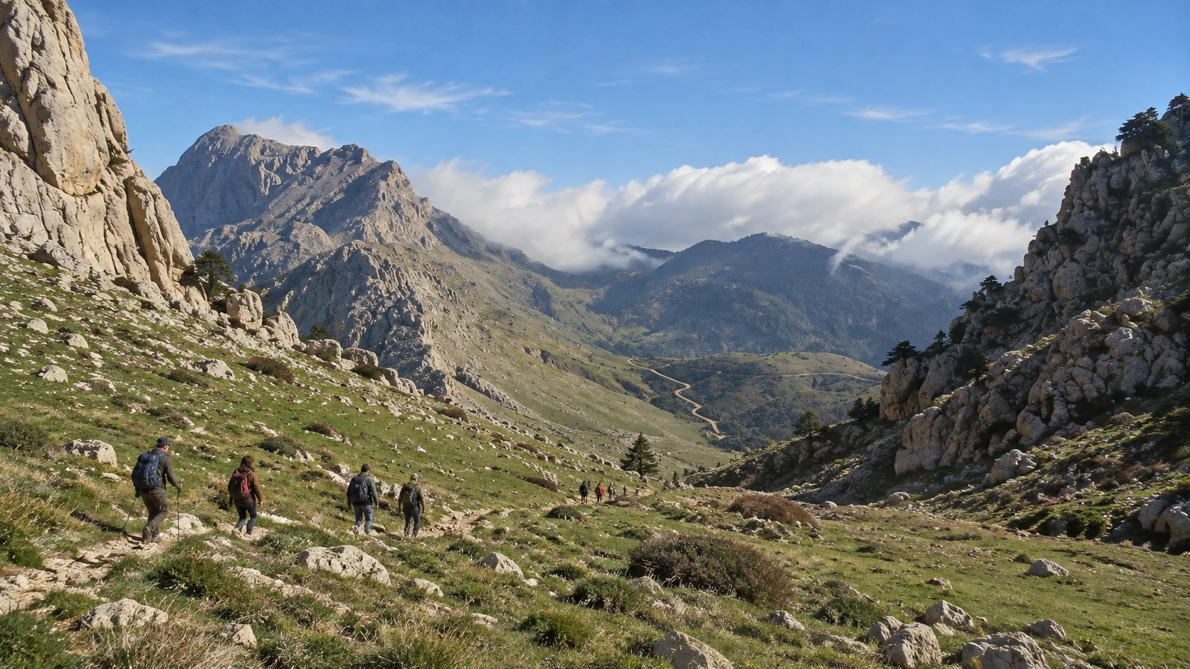 Illustration assistée par IA : Petit groupe de marcheurs sur un sentier rocheux du Djurdjura, avec crêtes et nuages à l'horizon.