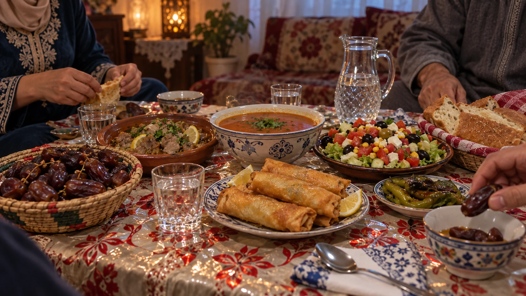 Illustration assistée par IA : Table de ftour à la maison, avec dattes, chorba, bourek et convives réunis autour du repas.