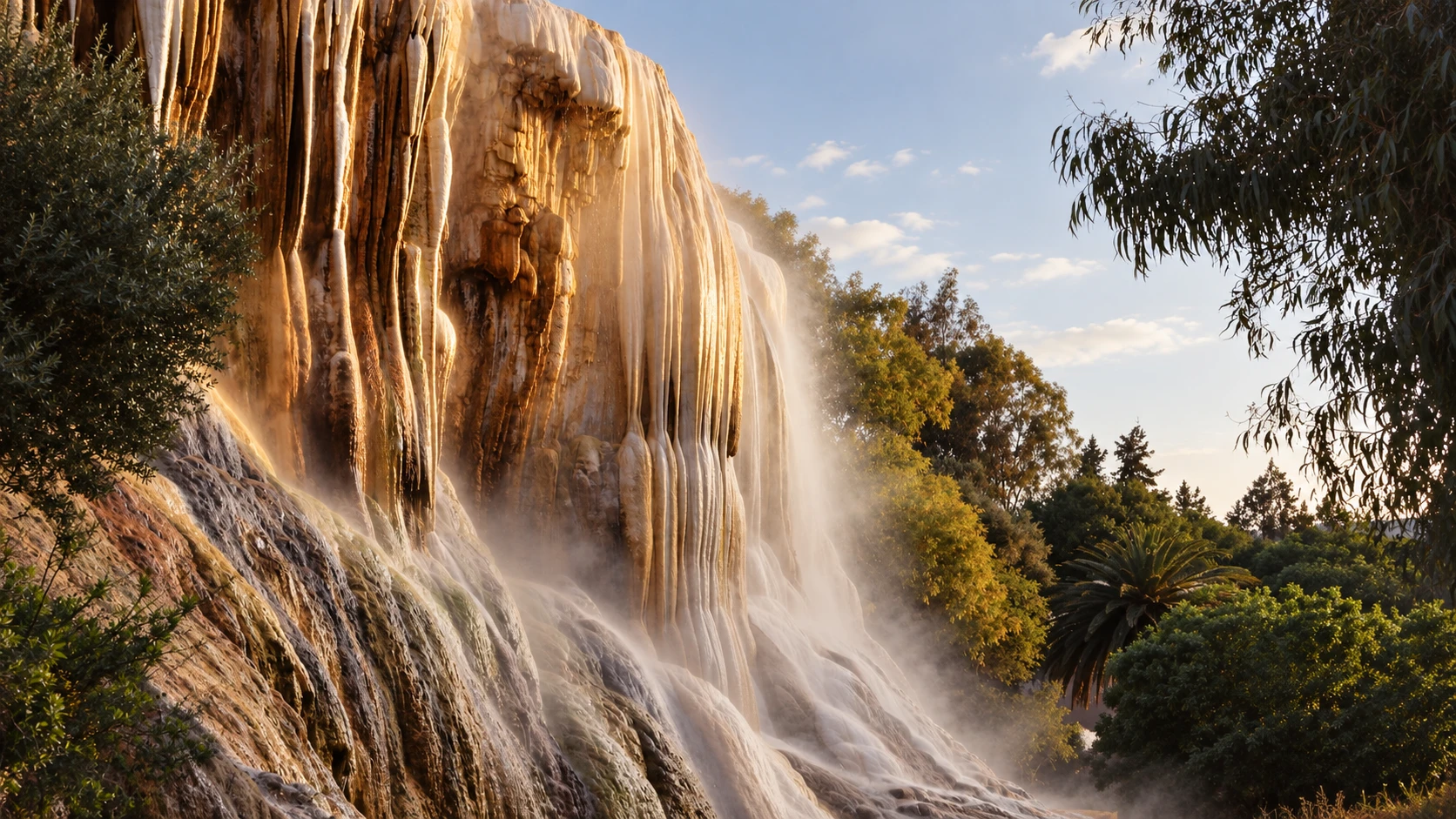 La cascade de travertin des sources chaudes de Hammam Meskoutine, près de Guelma.