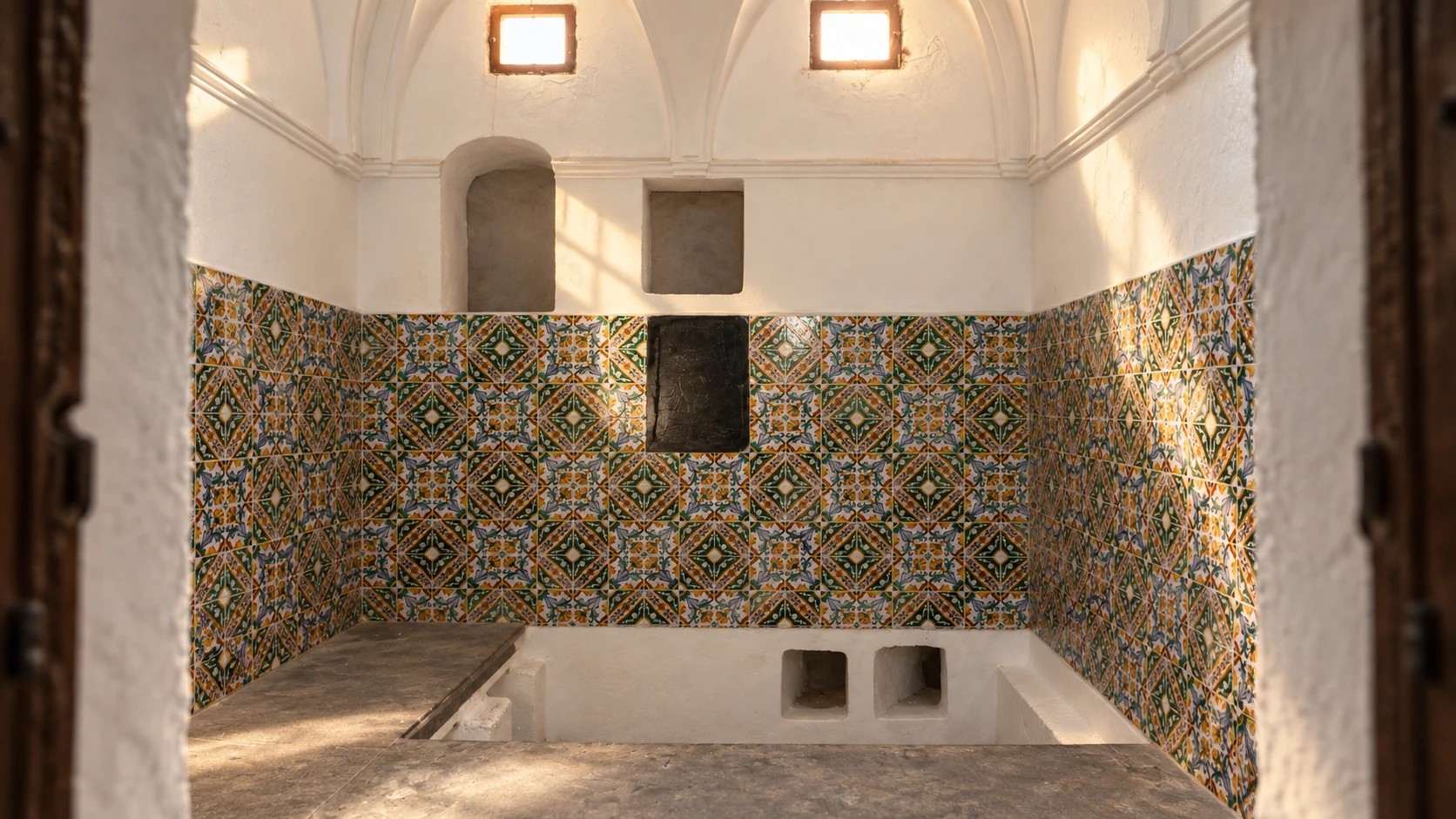 Illustration assistée par IA : Intérieur carrelé et voûté inspiré du hammam historique du Palais des Raïs à Alger.