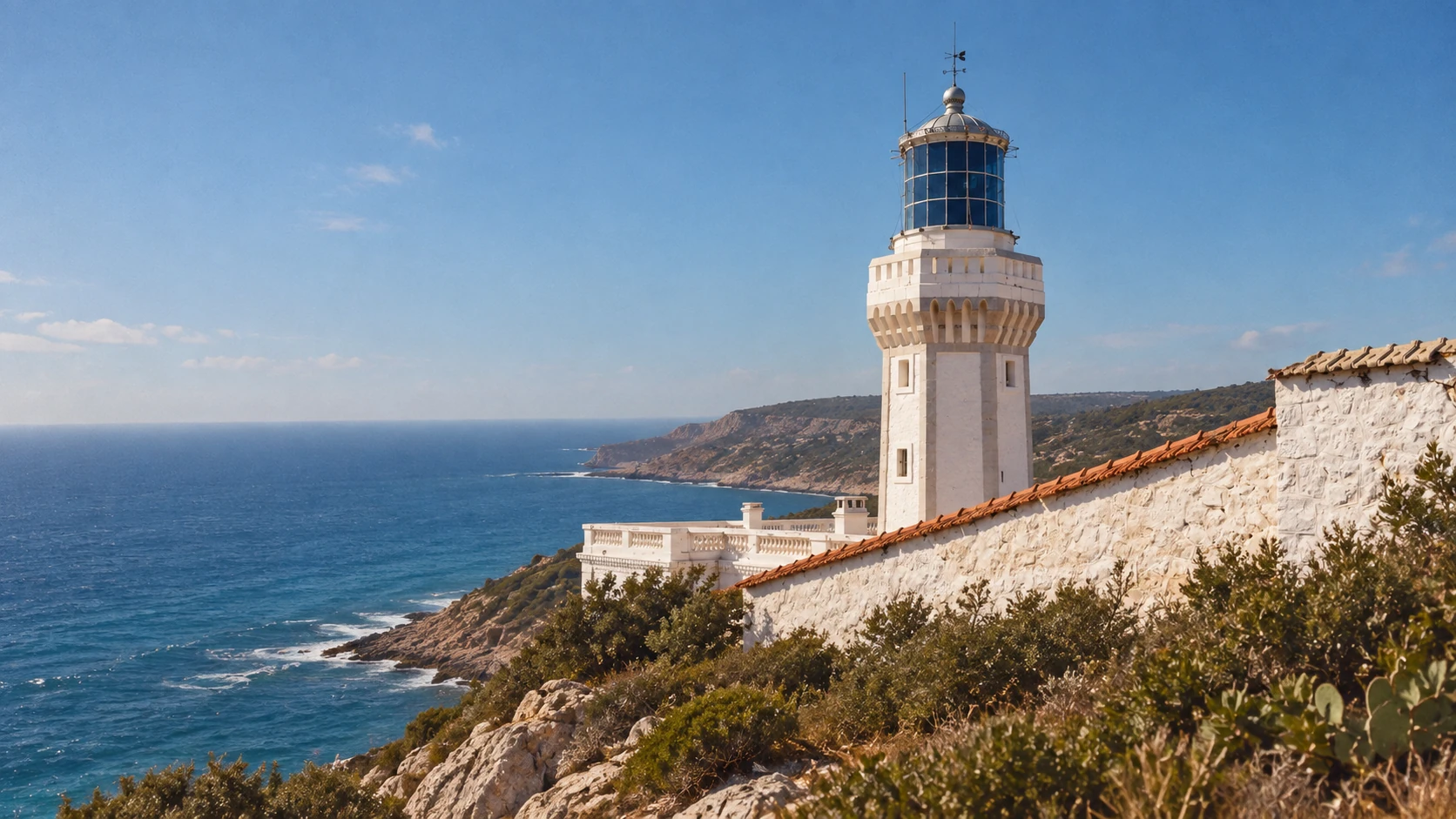 Illustration assistée par IA : Phare du Cap Ivi au-dessus de la côte méditerranéenne dans la wilaya de Mostaganem ; excursion hors du centre-ville.