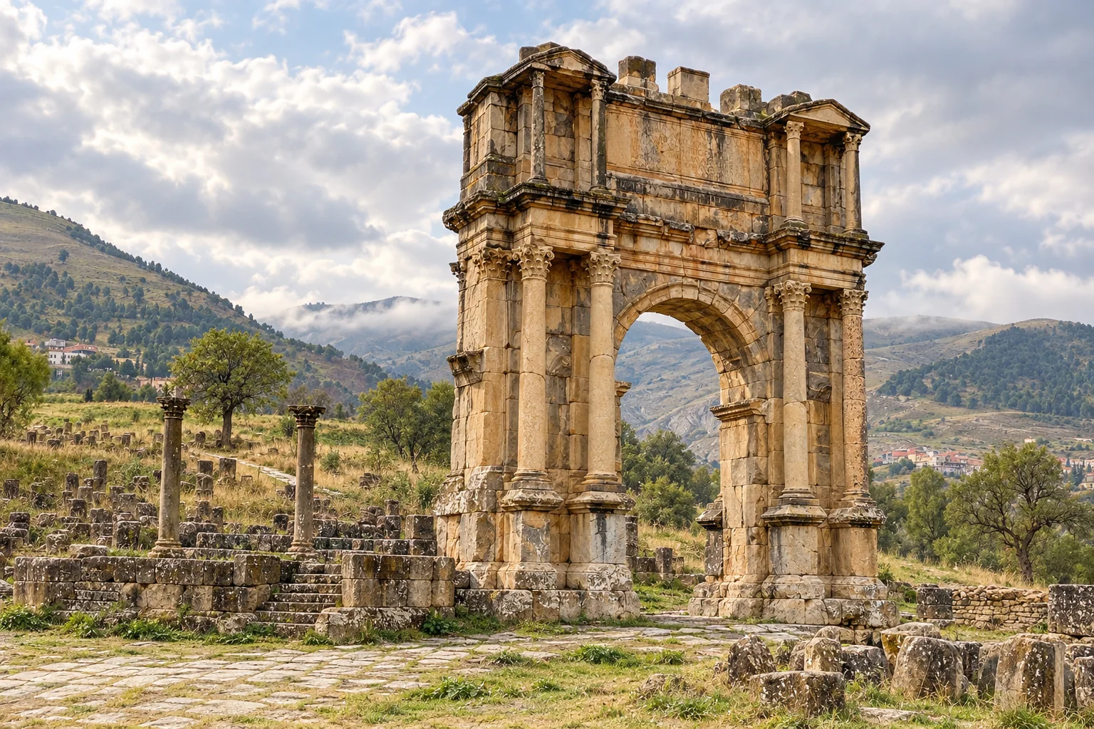 L'arc de Caracalla dans les ruines de Djemila avec les collines à l'arrière.