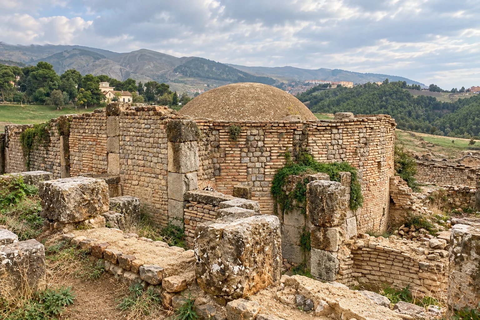 Le baptistère ancien de Djemila, avec ses murs bas et les collines boisées.