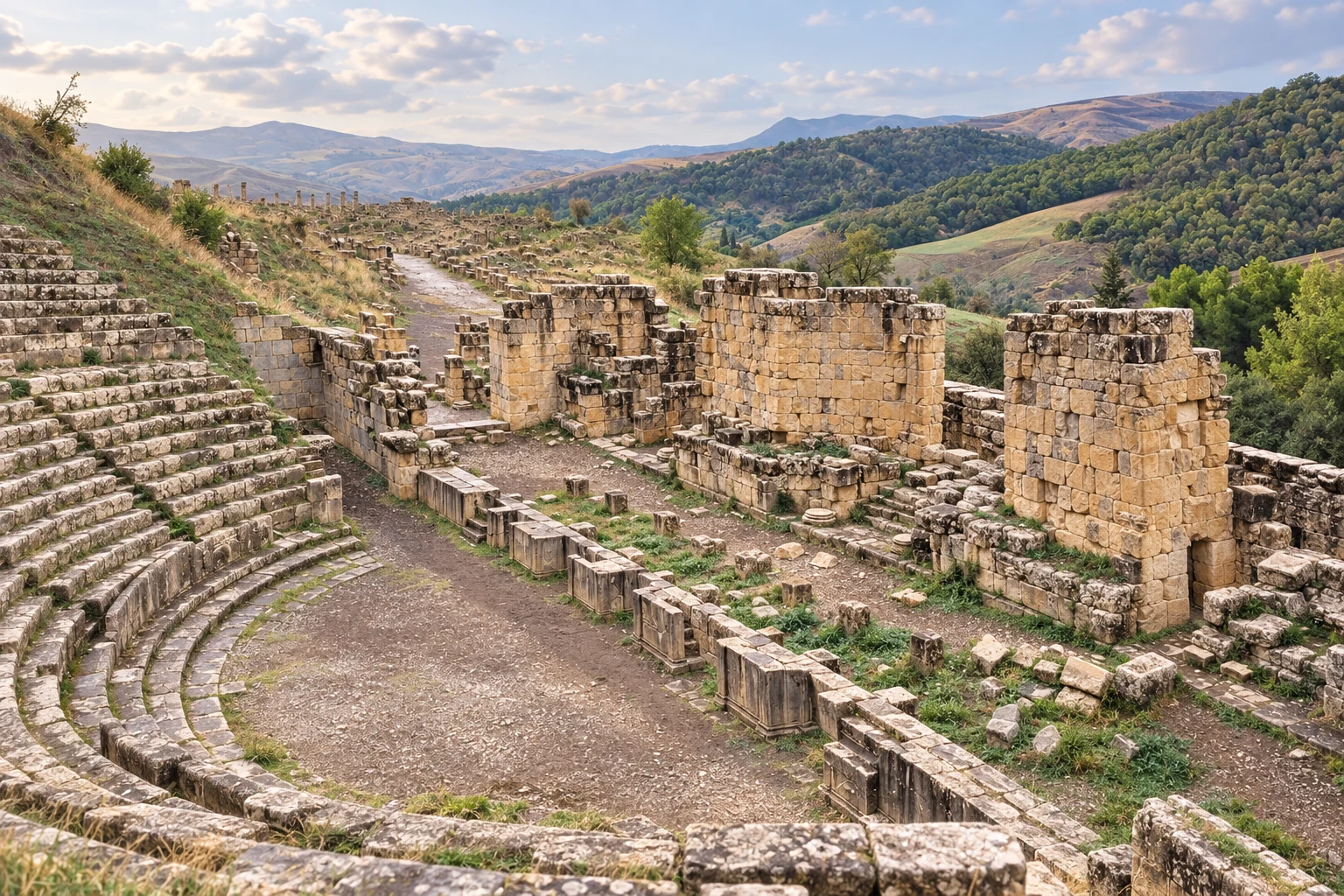 Les gradins et vestiges du théâtre antique de Djemila au milieu des collines.