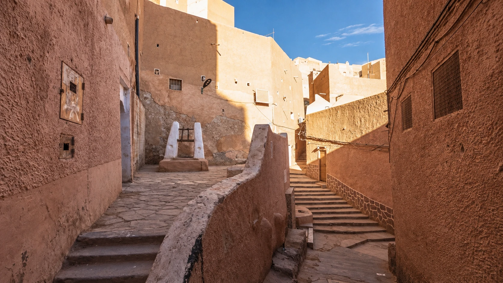 Illustration assistée par IA : Ruelle à escaliers et murs de terre autour d’un puits dans le ksar d’El Atteuf
