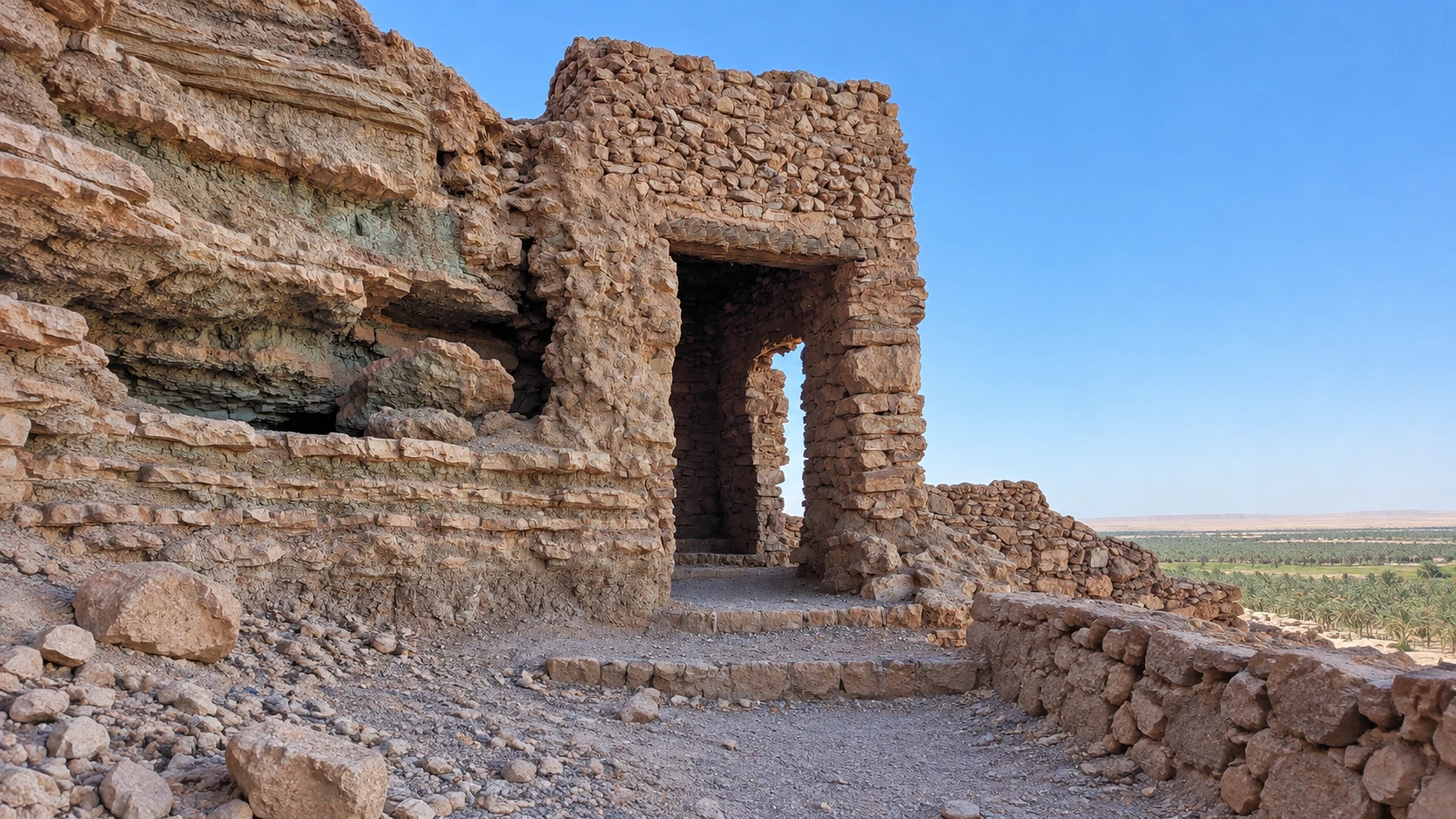 Illustration assistée par IA : Une porte de pierre et son escalier dans les ruines du vieux ksar d’El Menea