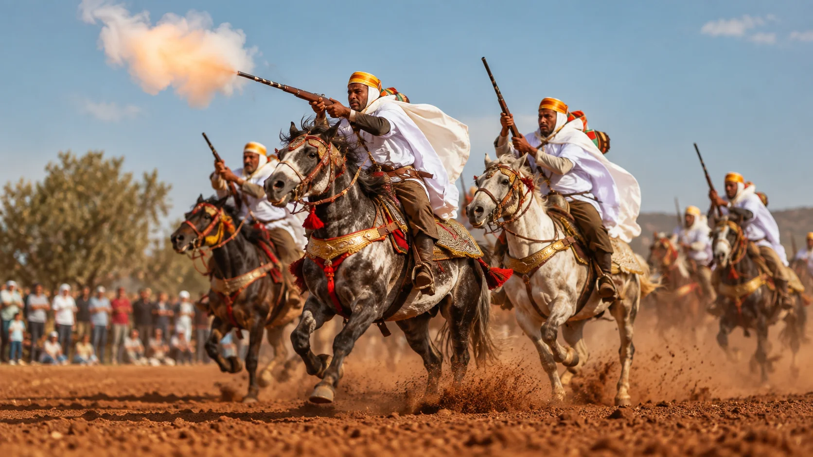 Illustration assistée par IA : Vue de cavaliers au galop pendant une fantasia à Aïn Larba, dans la wilaya d’Aïn Témouchent.