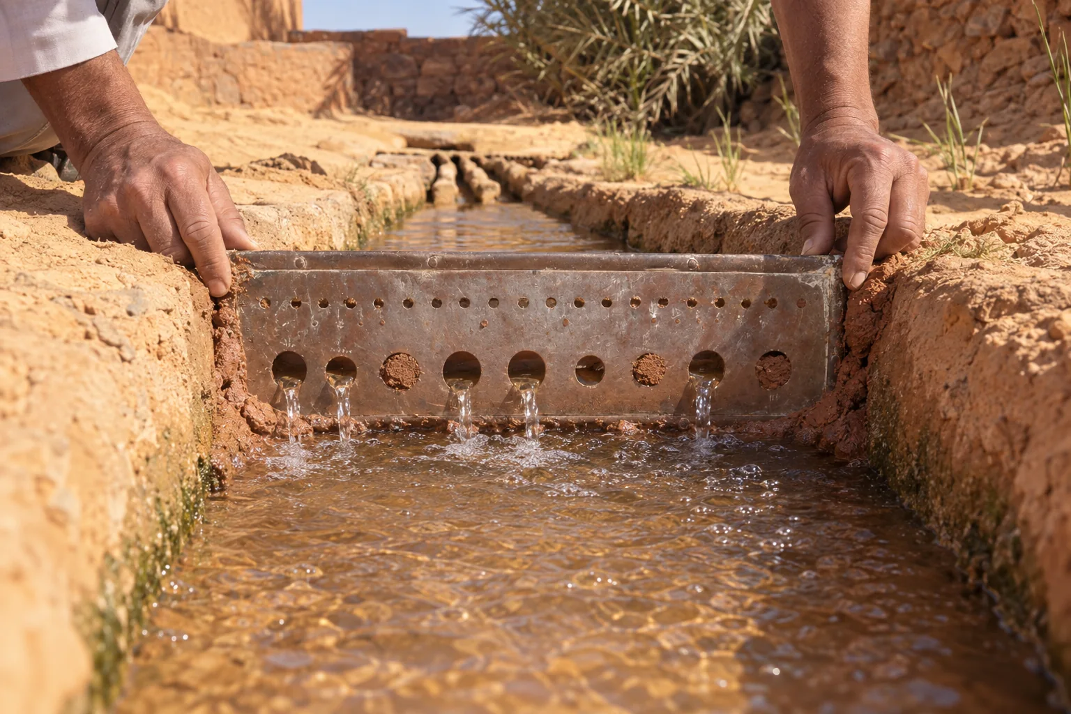 Le jaugeage d'une foggara du Gourara : un louh ferme une seguia étroite et l'eau franchit les orifices ouverts.