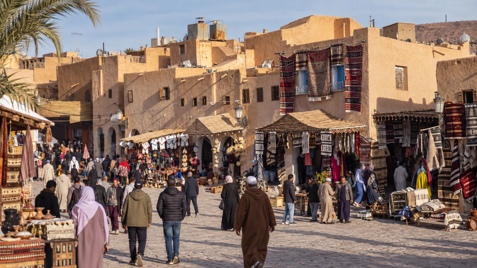 Visiteurs et étals de tapis sur la place du marché du ksar de Ghardaïa.
