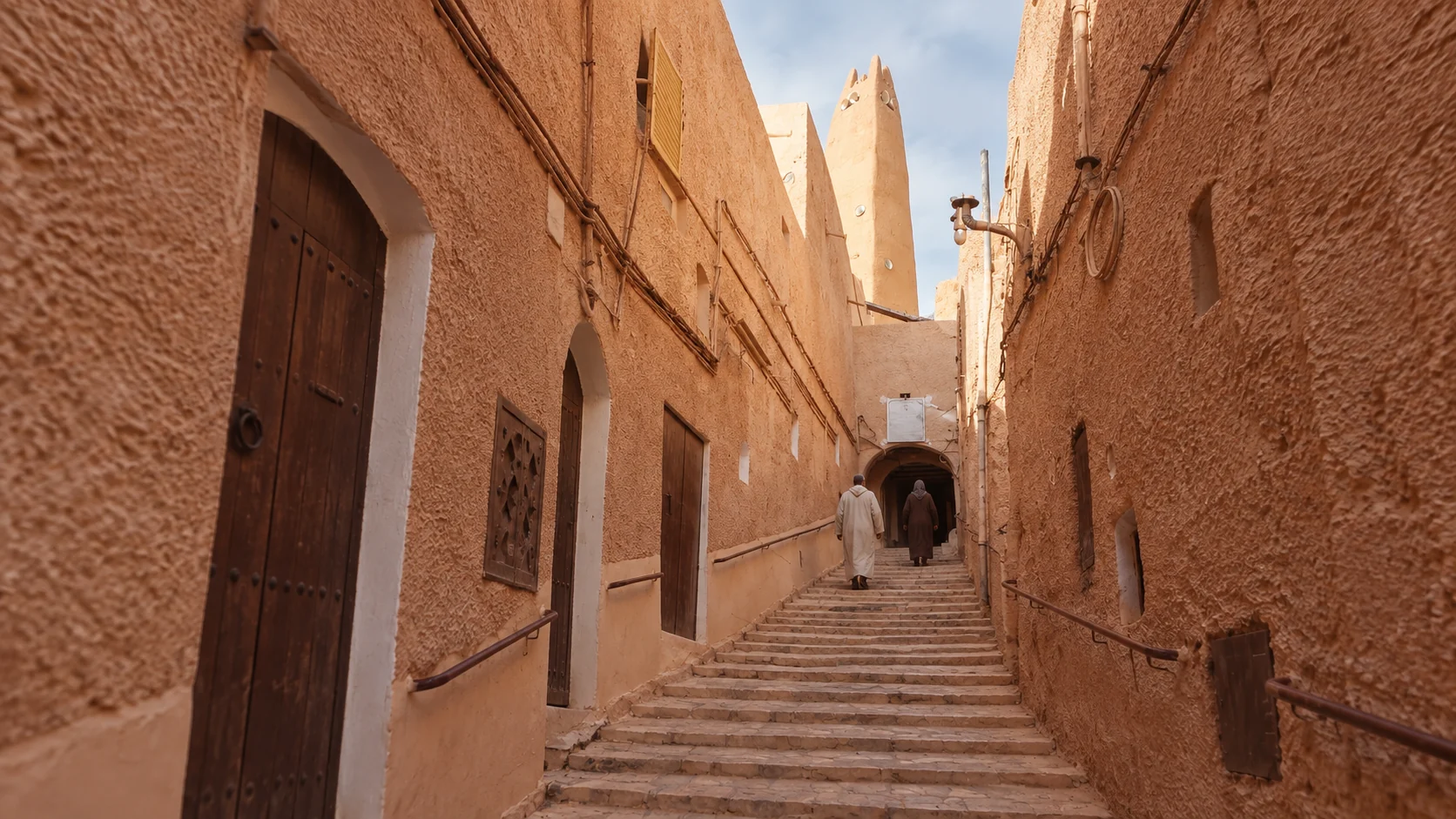 Escalier entre des façades de terre du ksar de Ghardaïa, deux silhouettes montant vers un petit minaret.