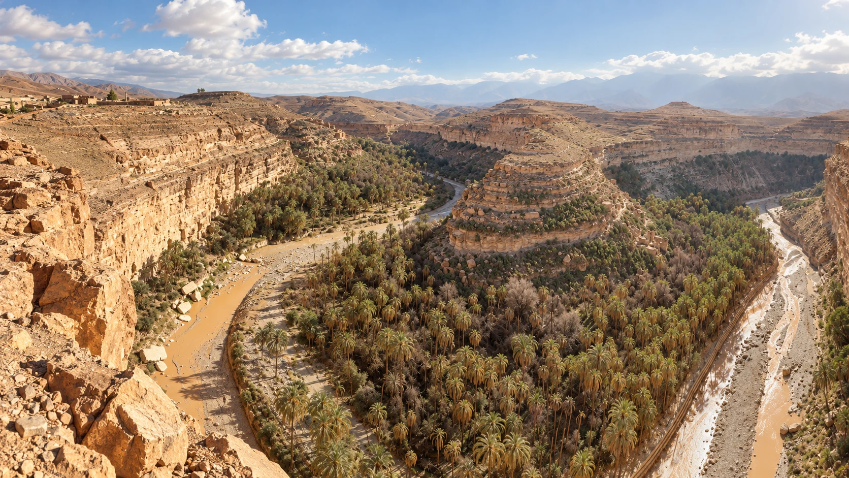 Illustration assistée par IA : Le canyon des balcons du Ghoufi vu depuis le rebord, la palmeraie et l'oued au pied des falaises stratifiées